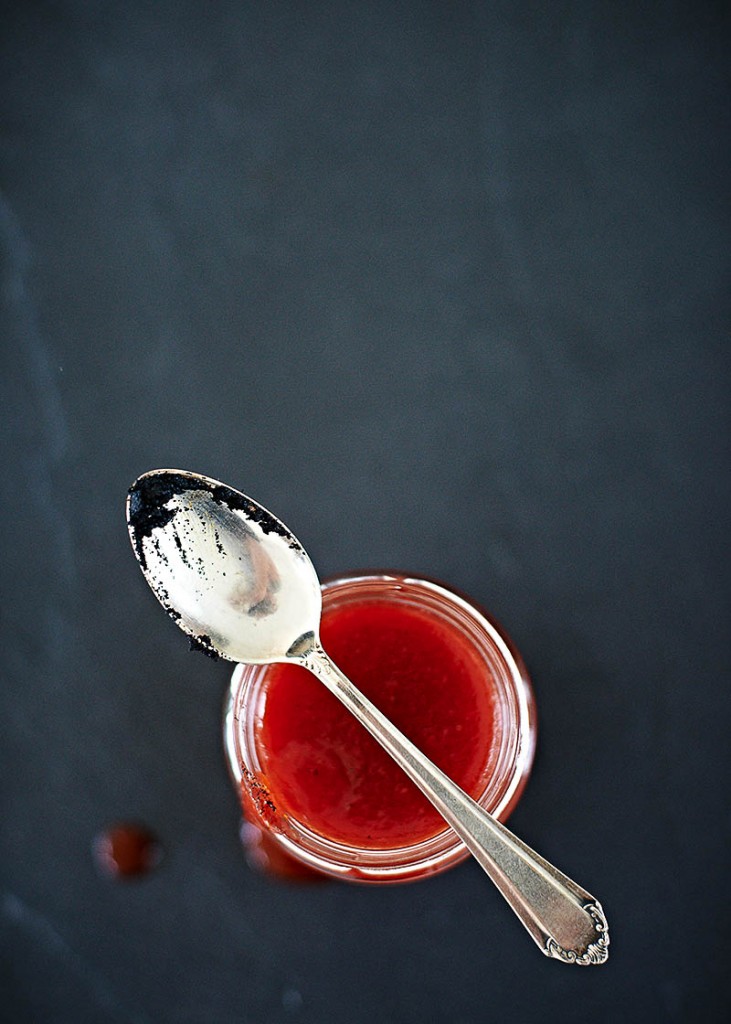 Moderne Food-Fotografie von einem Glas Erdbeer-Marmelade mit Vanille-Mark auf anthrazit grauem Untergrund mit viel Freiraum - Titel Cover